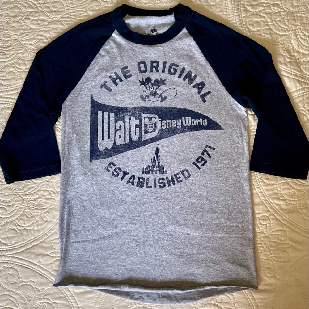 Disney Parks Brand Navy Gray Retro Style Baseball Shirt Size Small